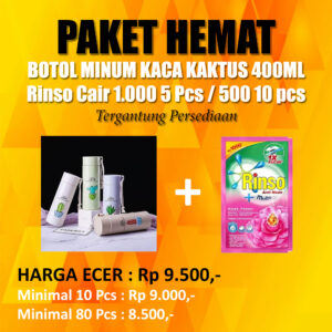 Paket Botol Minum Kaca Kaktus + Rinso 1.000 5 Pcs