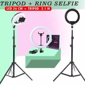545 Paket Ring Light LED 26 cm + Tripod 2.1 meter – Stand HP Lampu Selfie Vlogger Live Streaming